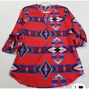 Collective Concepts Tunic Blouse Aztec Tribal Red Shirt Geometric Medium M/8 EUC
